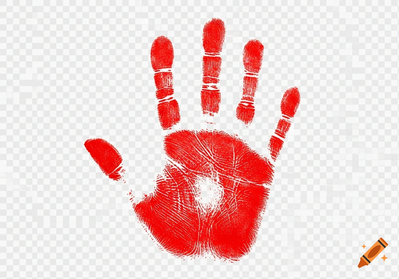 A vibrant red handprint with detailed fingerprints, set against a transparent background.