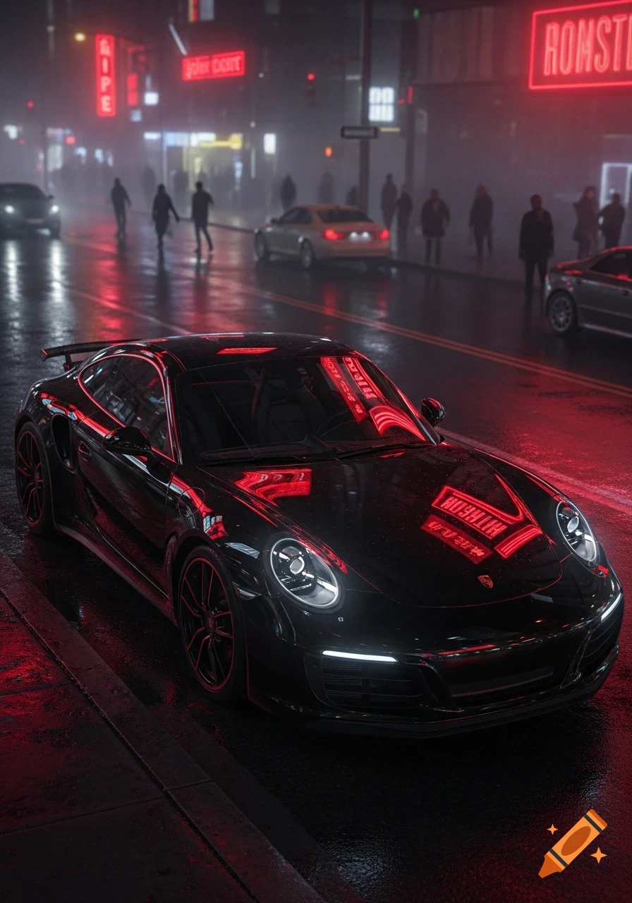 A sleek black Porsche sports car is parked on a wet city street at night, illuminated by the red glow of neon signs reflecting on its glossy surface and the wet pavement. People and other cars are blurred in the foggy background.
