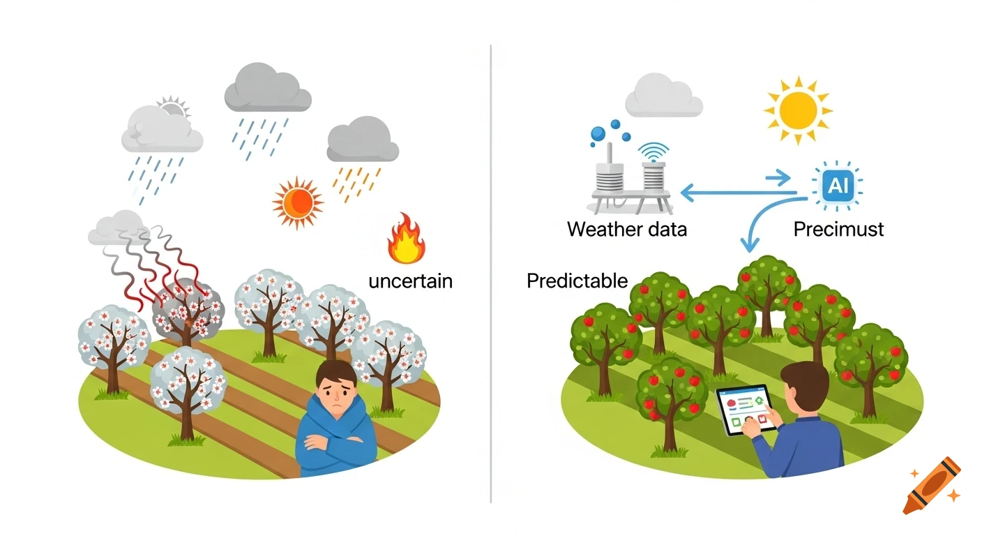 A flat design infographic comparing unpredictable agriculture with a worried farmer to predictable, AI-managed agriculture.
