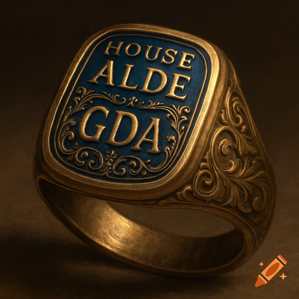 A close-up of a golden signet ring with blue enamel, featuring 'HOUSE ALDE' and 'GDA' in elegant lettering.