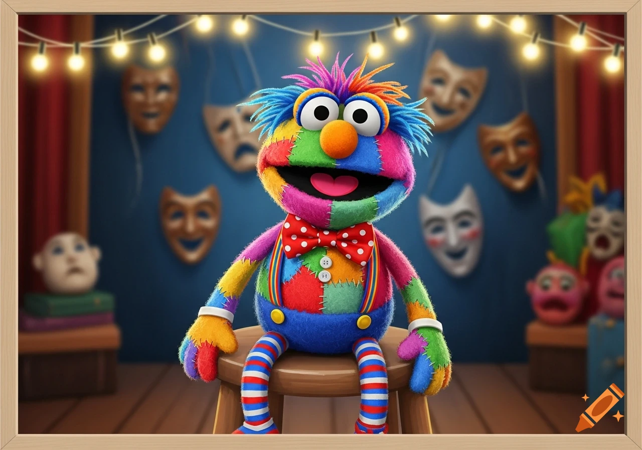 A vibrant, patchwork-style puppet with a wide smile and a red polka-dot bow tie sits on a stool on a stage, surrounded by theatrical masks and string lights.