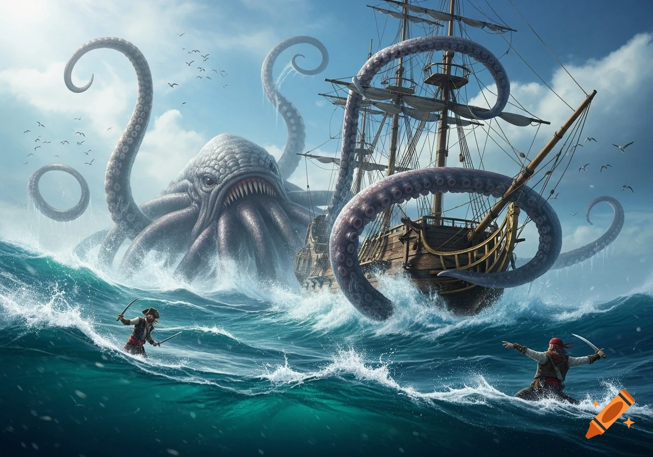 A photorealistic giant kraken attacks a pirate ship as two pirates battle in the stormy sea.