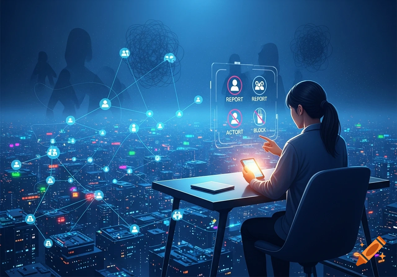 Woman views holographic social media interface with report/block options over a futuristic city at night, digital art.