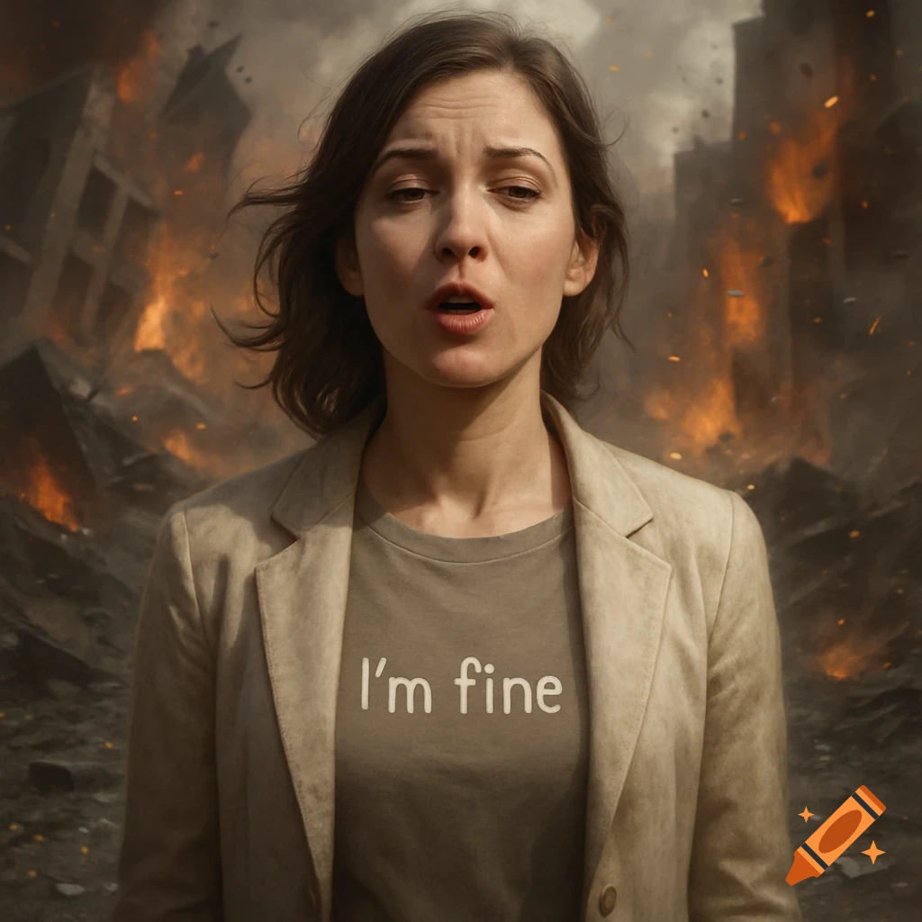 A woman with a sarcastic expression wearing an 'I'm fine' shirt stands in front of a burning, ruined city.