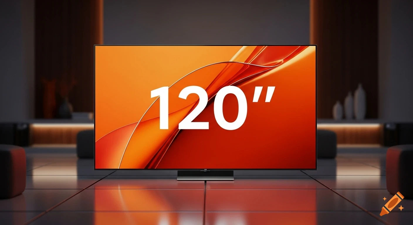 A large 120-inch television with an orange display sits in a modern, dimly lit living room with reflective floors.