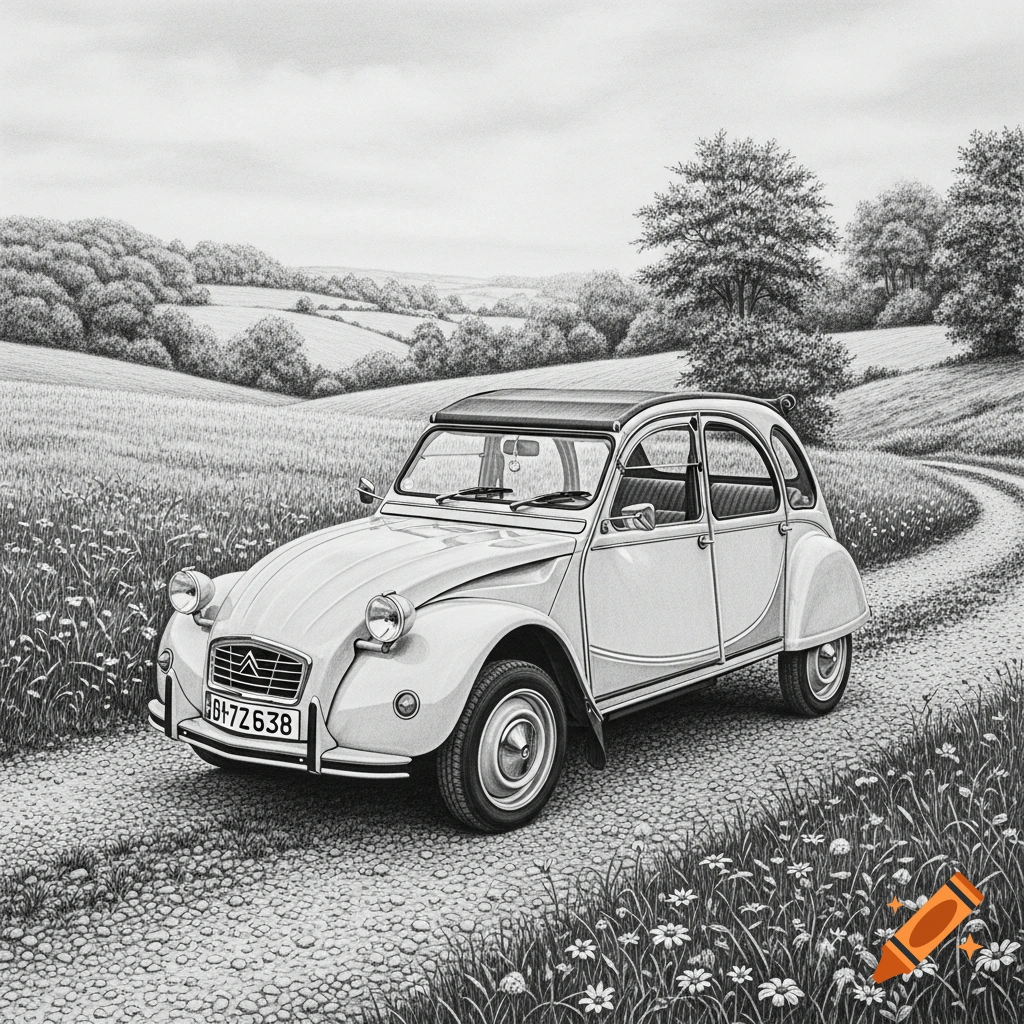 Black and white drawing of a vintage Citroen 2CV on a gravel path through a wildflower field with rolling hills and trees.