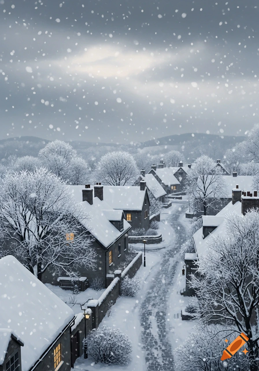 A cozy snowy village scene with houses covered in white, bare trees, and a winding cobblestone path, under a cloudy winter sky with falling snow.