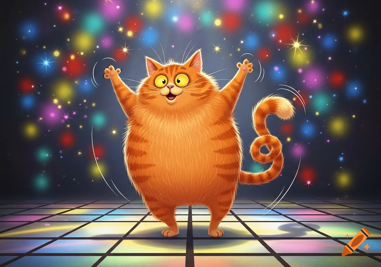 An orange striped cartoon cat dancing with arms raised on a colorful disco floor, surrounded by sparkling disco lights.
