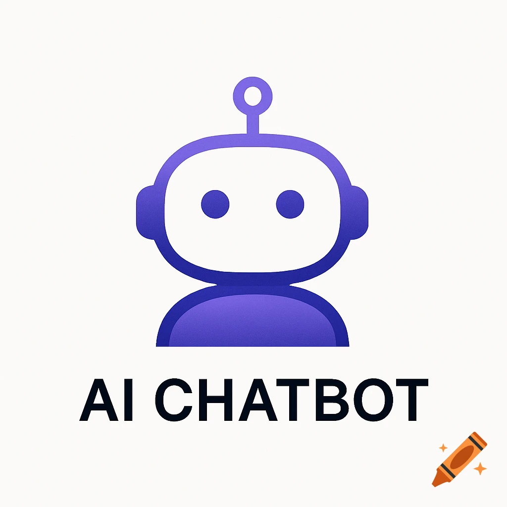 Minimalist purple robot head logo with the text "AI CHATBOT" on a white background.