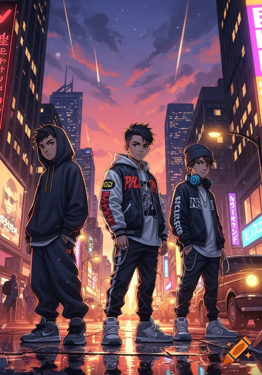 Three anime-style boys in streetwear stand confidently on a wet city street at dusk, surrounded by glowing neon signs and tall buildings, with shooting stars in the sky.