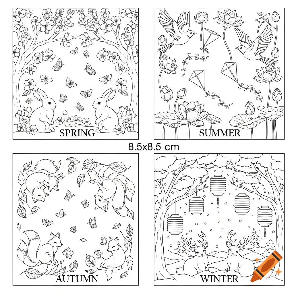 Four black and white line art designs depicting seasons: Spring with rabbits, Summer with birds, Autumn with foxes, Winter with deer.