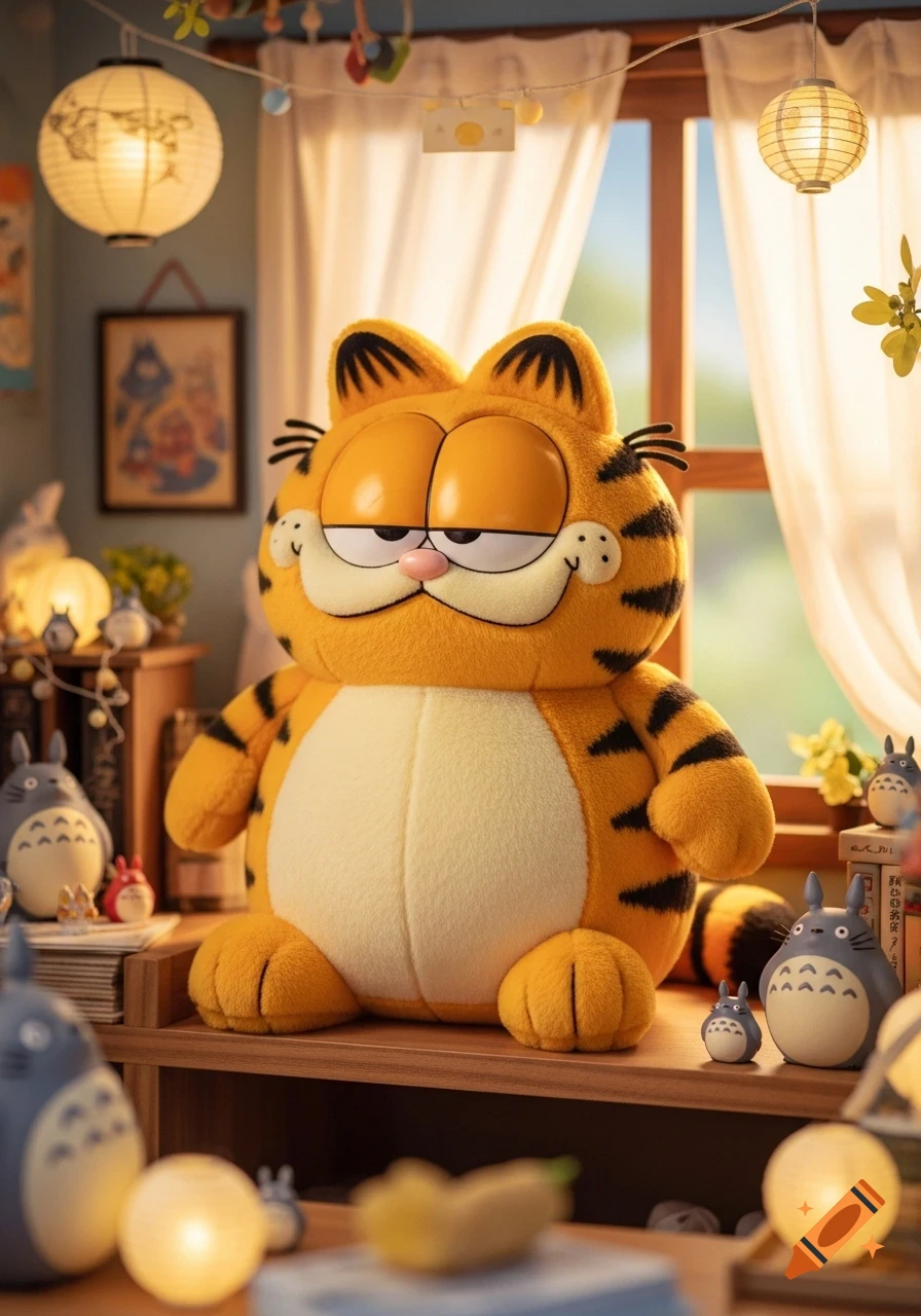 A photorealistic Garfield plushie sits on a wooden surface in a sunlit room, surrounded by Totoro plushies and glowing lanterns.