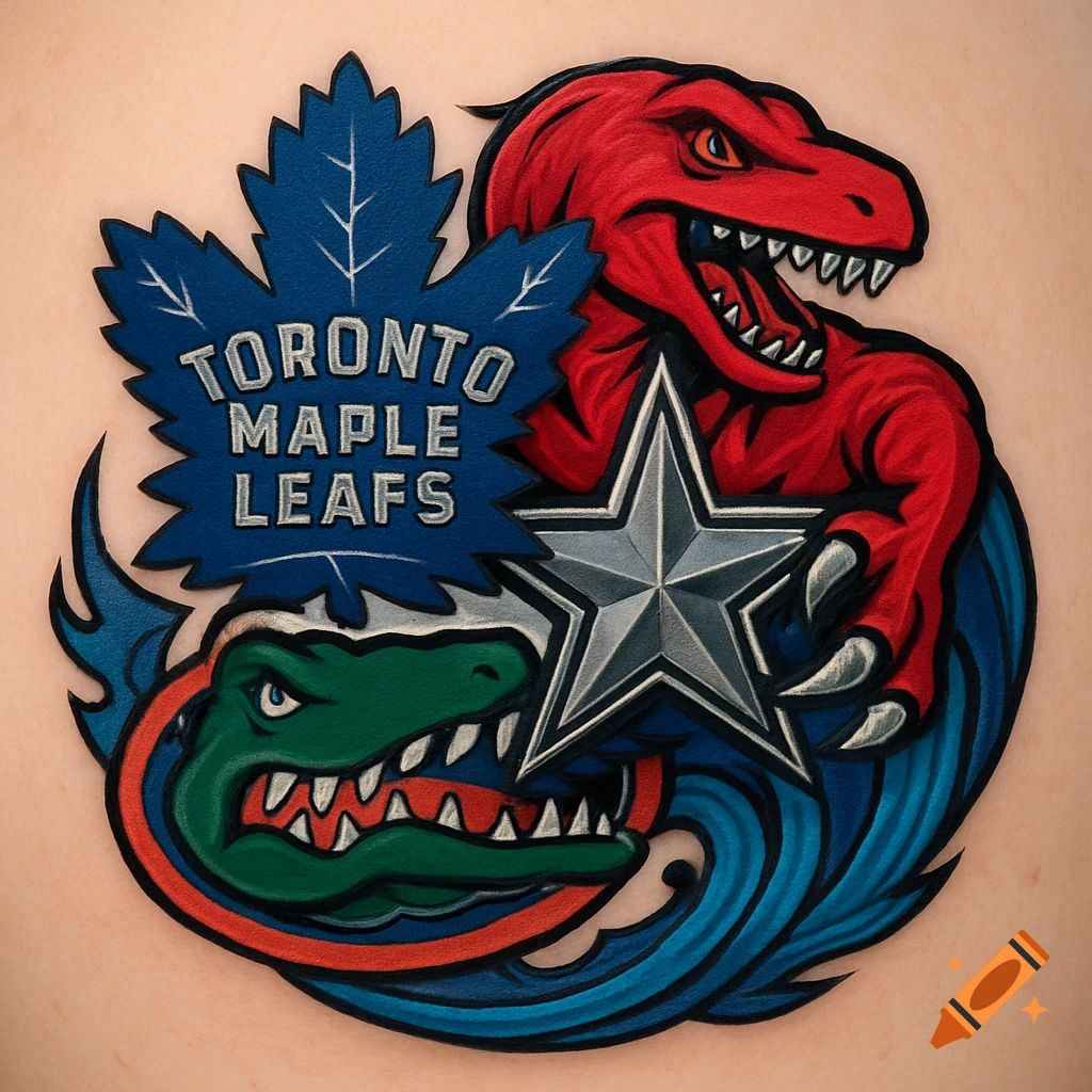 A vibrant tattoo design combining the blue Toronto Maple Leafs logo, a red Toronto Raptors dinosaur, a silver Dallas Cowboys star, and a green Florida Gators alligator.