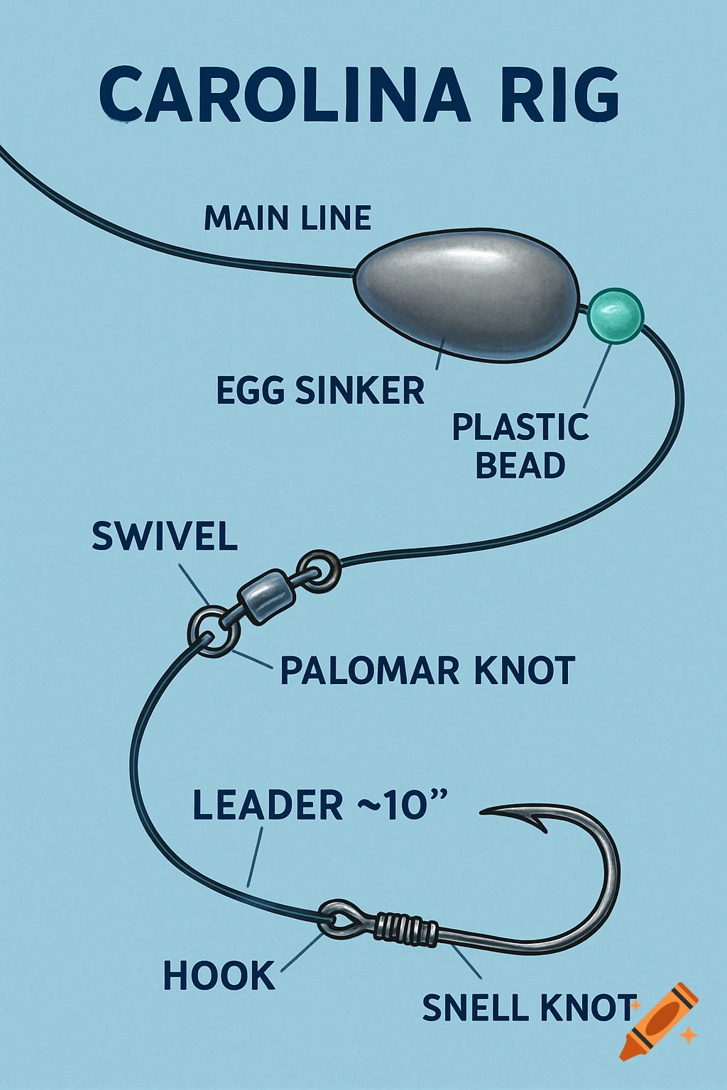 A detailed diagram illustrating the components and knots of a Carolina fishing rig, including the main line, egg sinker, plastic bead, swivel, palomar knot, leader, hook, and snell knot, all clearly labeled on a light blue background.