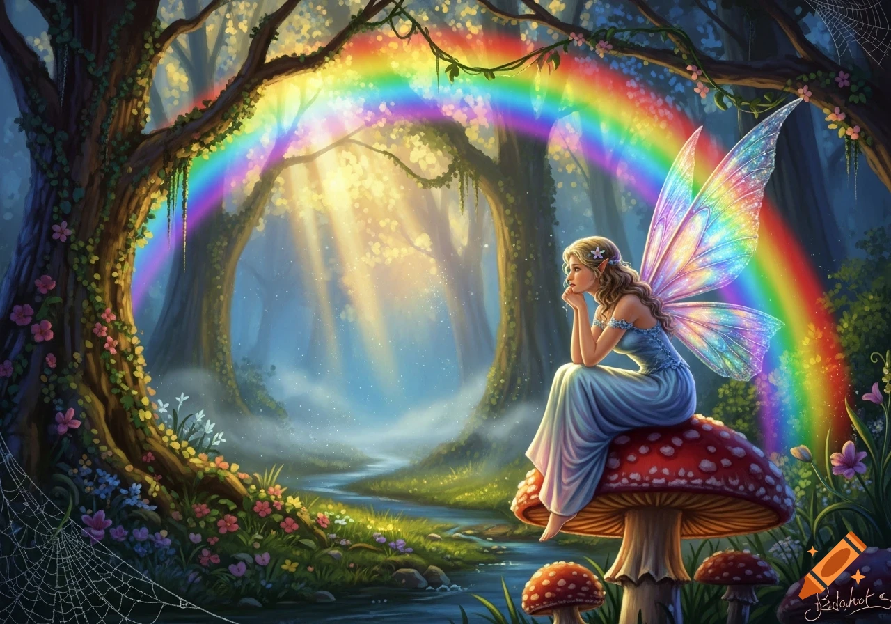 A fairy with iridescent wings sits thoughtfully on a large red mushroom in a magical forest with a vibrant rainbow and sun rays.