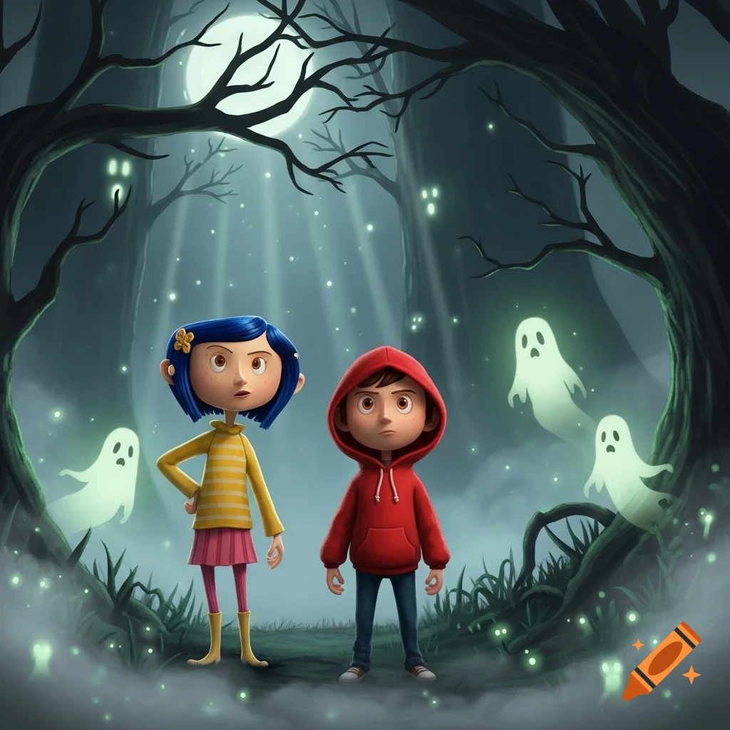A stylized animated image of Coraline and Norman-like characters standing in a glowing, spooky forest with ghosts.