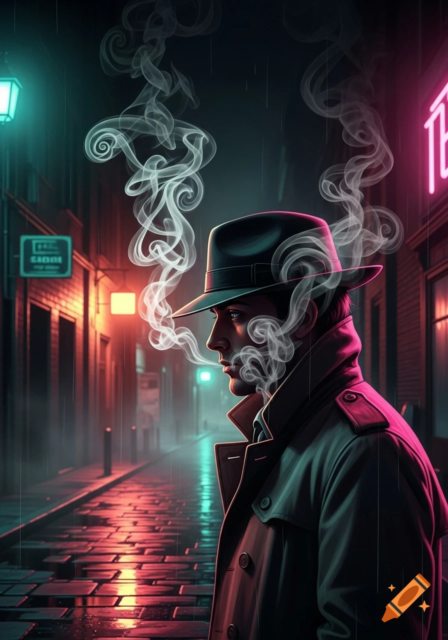 A man in a fedora and trench coat smokes, exhaling stylized smoke, in a neon-lit, rainy urban alley. Digital art.