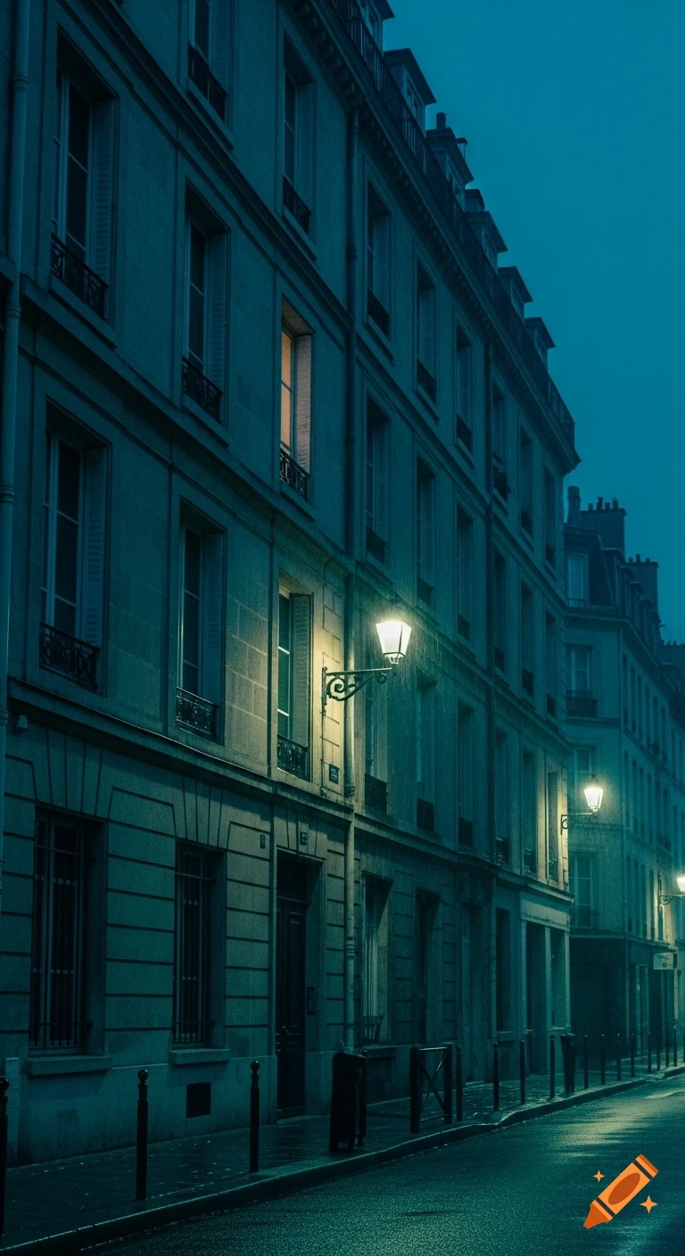 A moody, rainy night street in a European city, lined with apartment buildings with illuminated windows and streetlights reflecting on wet pavement.