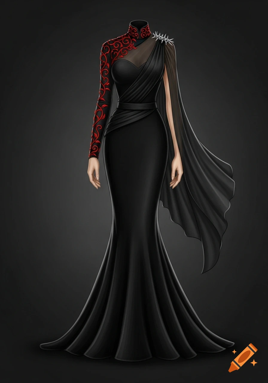 A stylized black gown with a high collar, red vine embroidery on one sleeve, a sheer draped cape, and spiked shoulder details.
