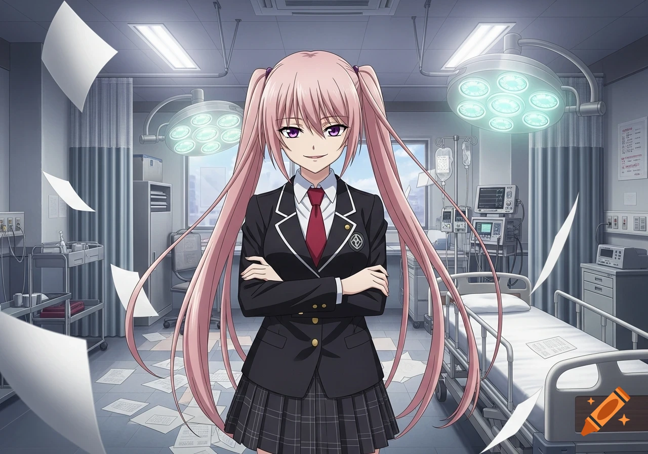 An anime girl with long pink pigtails and a school uniform stands in a hospital room with papers flying around.