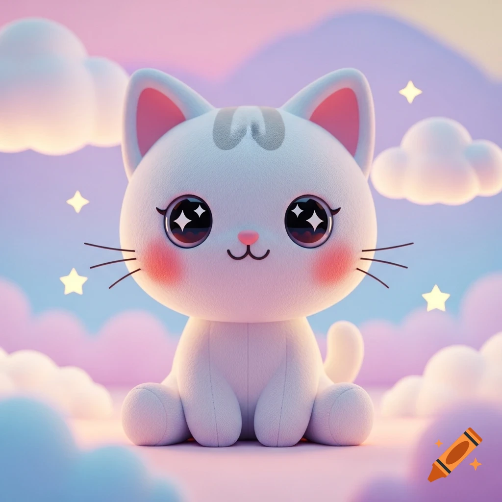 A cute white plush cat with big shiny eyes and rosy cheeks sits amidst pastel clouds and stars.