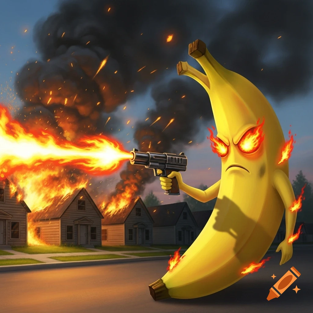 An angry cartoon banana with glowing eyes fires a flamethrower-like gun, burning houses in a suburban street.