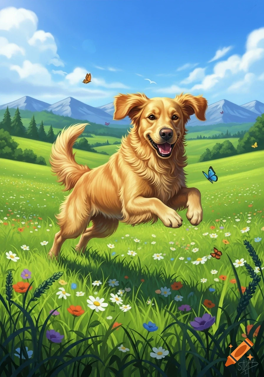 A joyful golden retriever jumps in a lush green meadow filled with ...