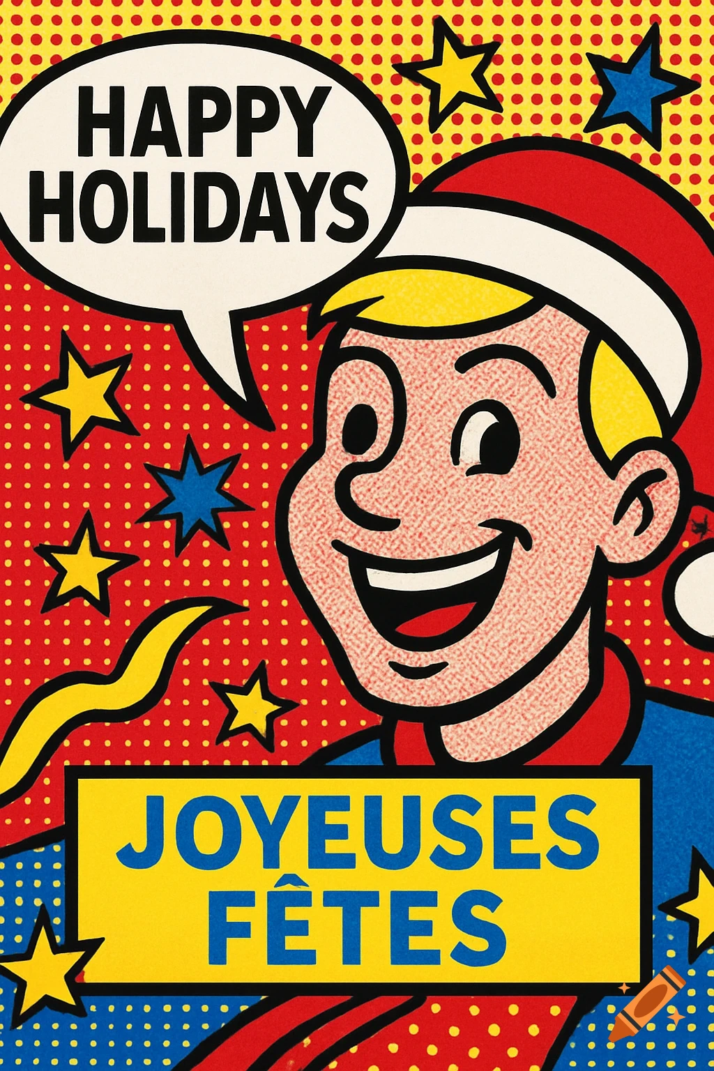A pop art style greeting card with a smiling man in a Santa hat. Text reads "HAPPY HOLIDAYS" and "JOYEUSES FÊTES" with stars and comic dots on a red and blue background.