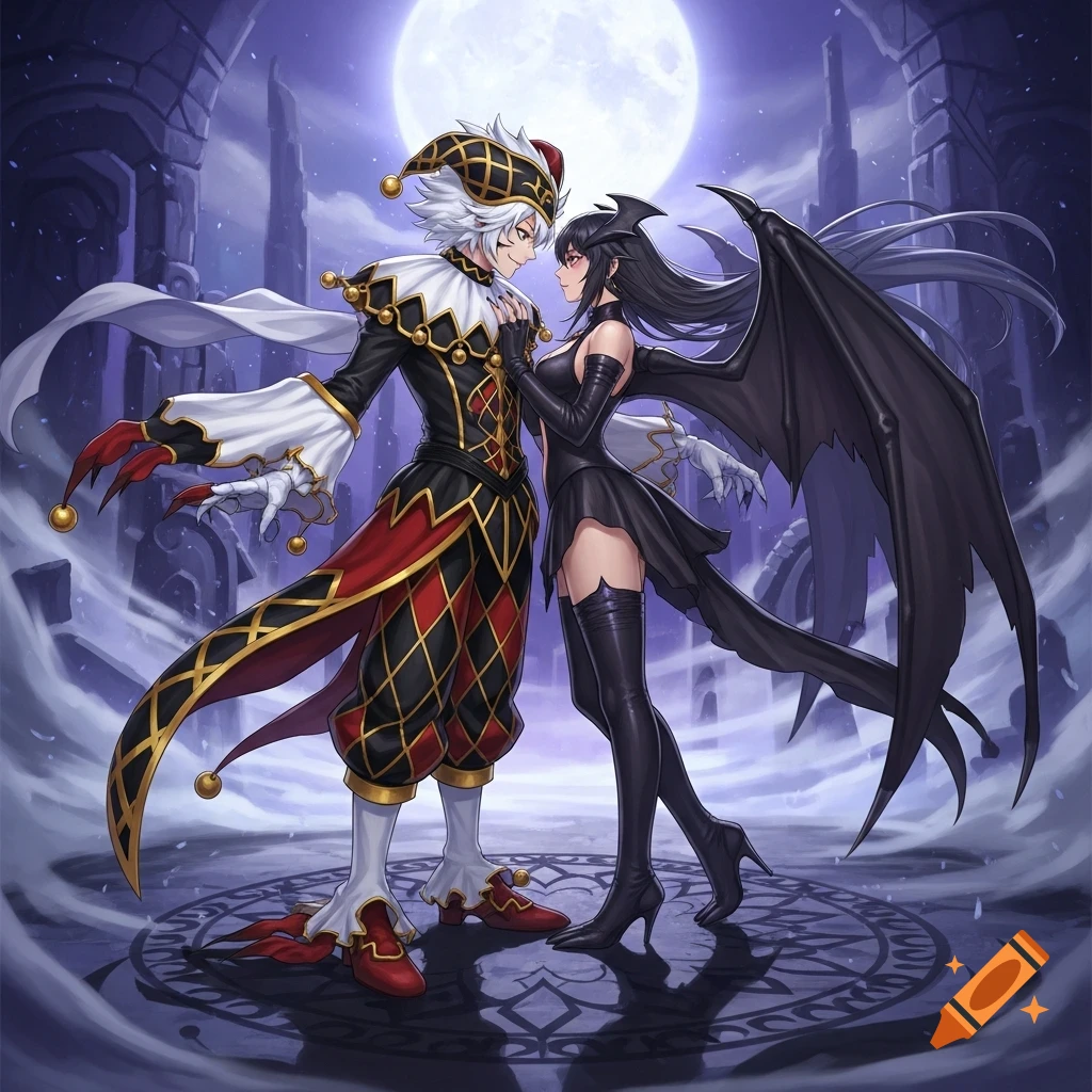 Anime-style jester and winged demon woman gaze at each other under a full moon in a gothic fantasy setting.
