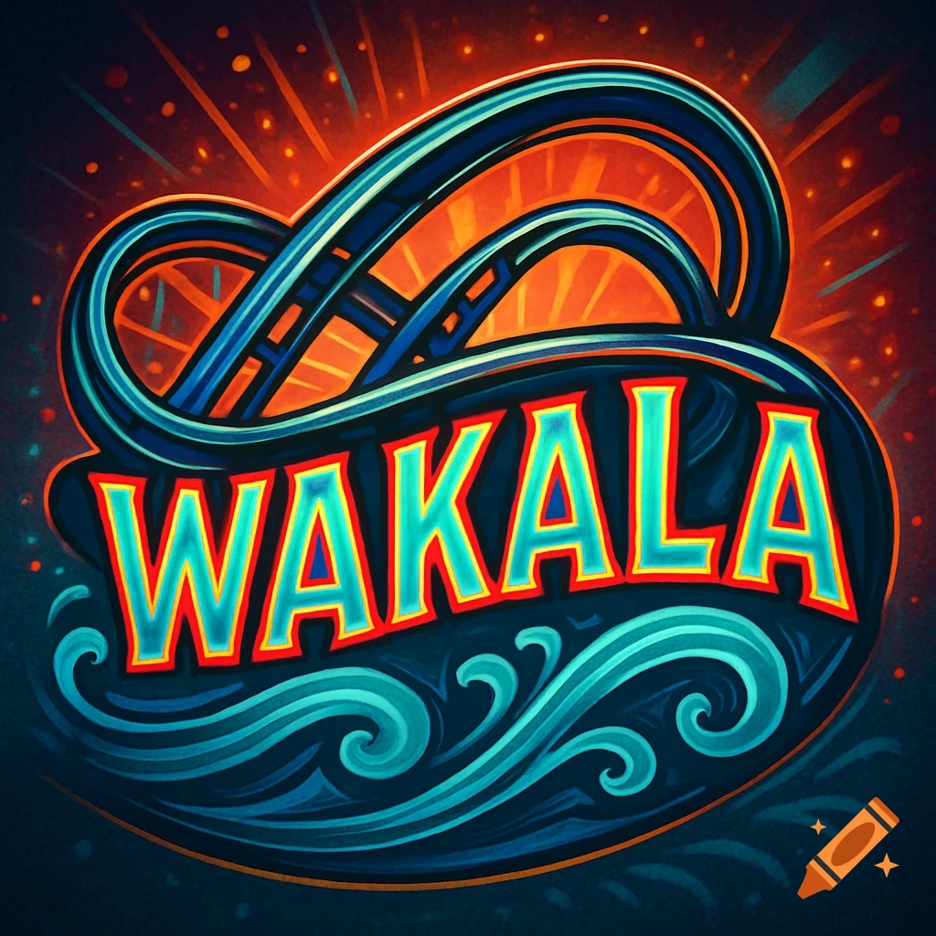 Stylized, vibrant logo featuring the word 'WAKALA' in bold, glowing letters, framed by blue and orange swirling lines against a dark, starry background.