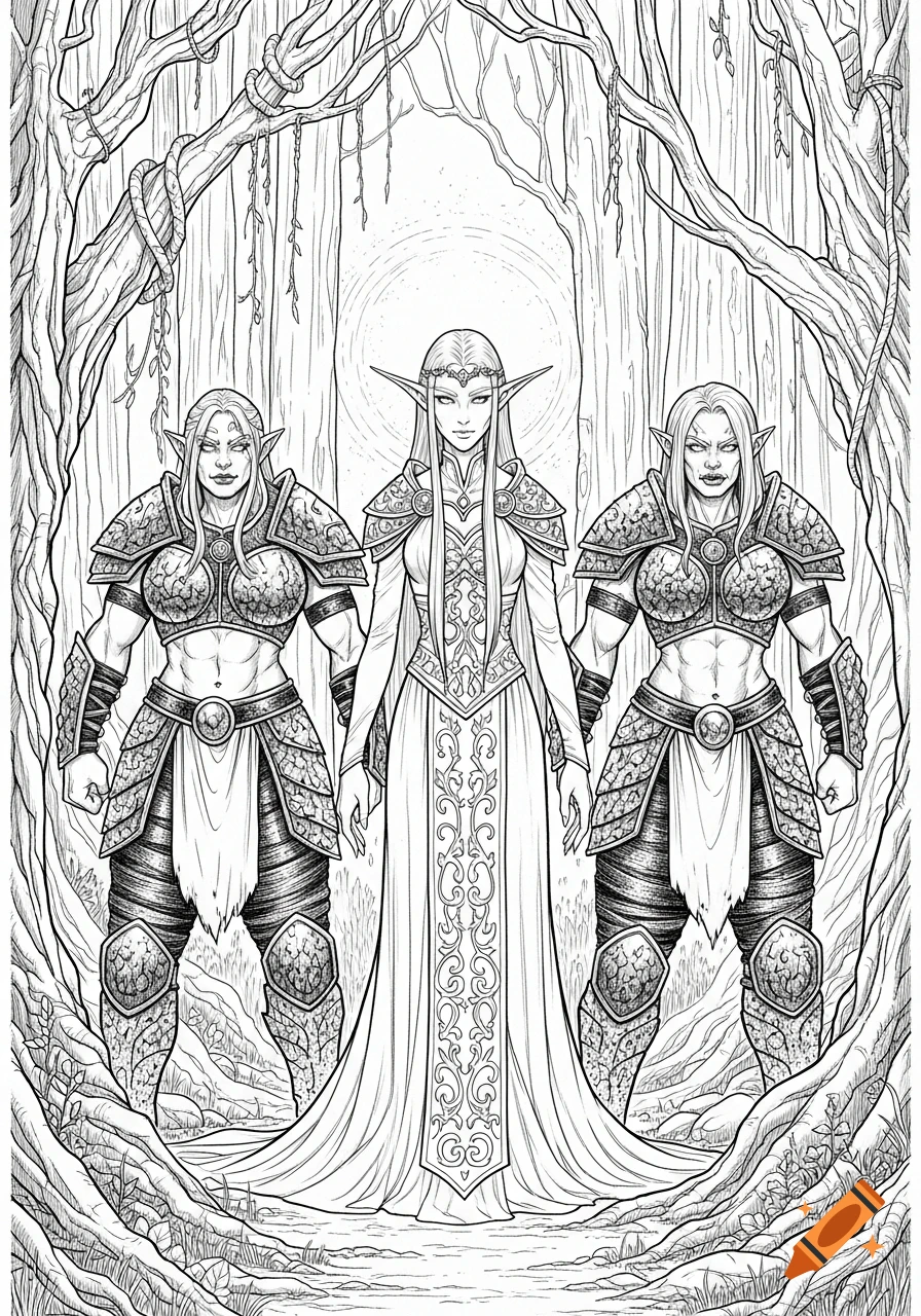 Ink drawing of a serene Elf princess in a long dress flanked by two muscular female orcs in armor, standing in a forest.