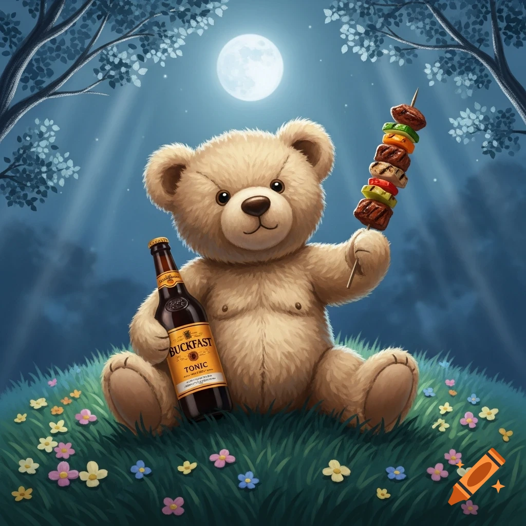 A happy teddy bear sits in a moonlit grassy field, holding a bottle of Buckfast Tonic and a kebab skewer, surrounded by flowers.