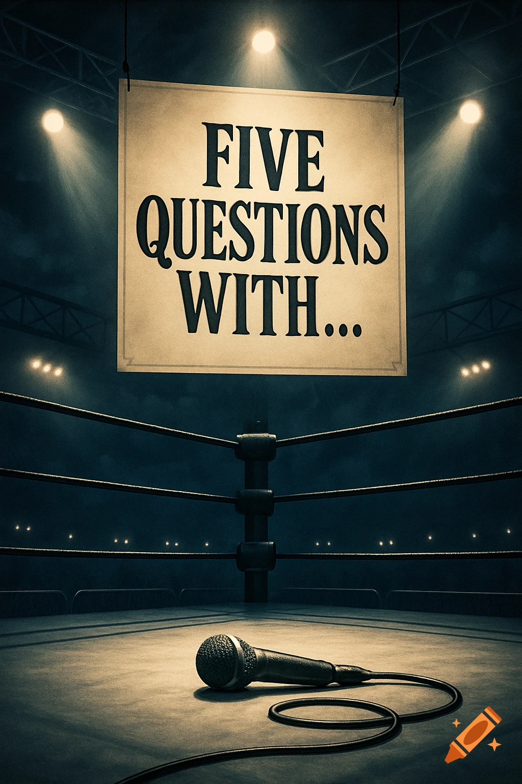 A dramatic shot of an empty wrestling ring with a microphone on the canvas. A sign above reads 'FIVE QUESTIONS WITH...' under spotlights.