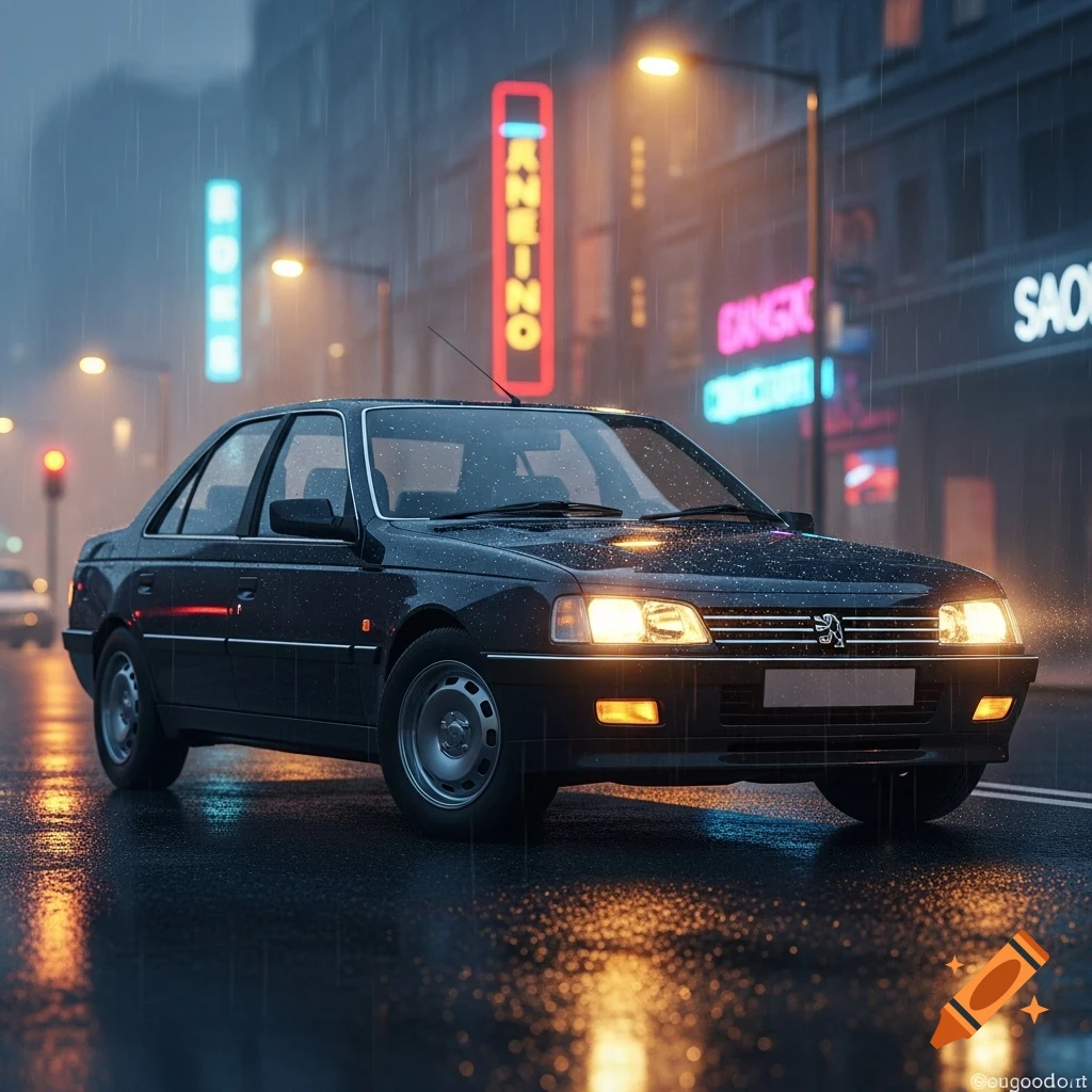 A black Peugeot 405 car on a wet city street at night, reflecting neon lights and rainfall.