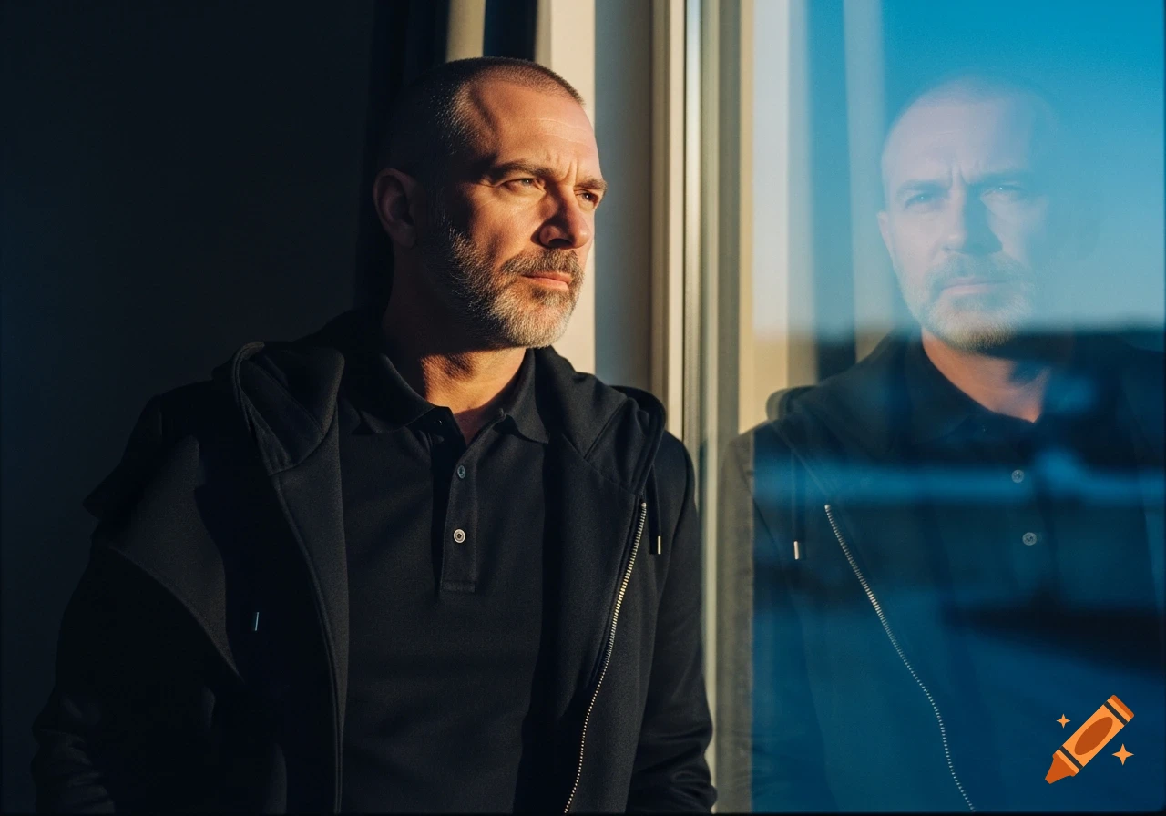 A cinematic portrait of a middle-aged man with a gray beard looking out a window, his reflection visible. Strong side lighting casts a warm glow on his face against cool blue tones.