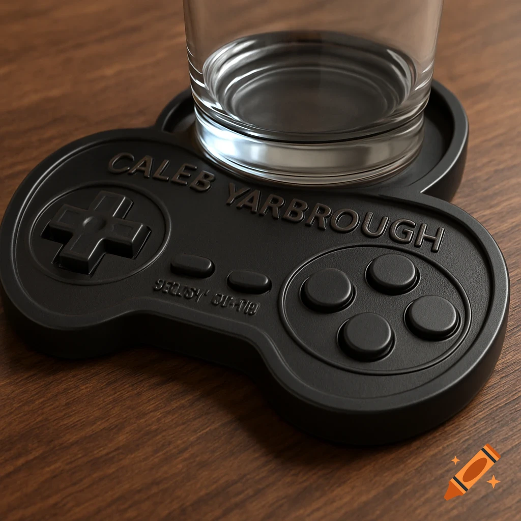 Photorealistic 3D render of a black plastic drink coaster shaped like a classic video game controller, engraved with "Caleb Yarbrough", holding a glass on a wooden table.