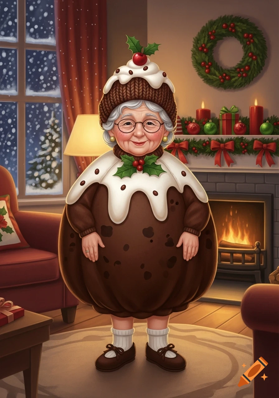 Illustrated smiling elderly woman in a Christmas pudding costume, standing in a cozy festive living room with a fireplace and snow outside.
