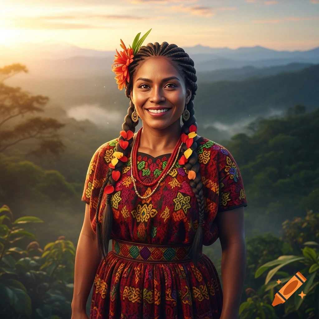 Smiling woman in traditional patterned dress and braided hair with a flower, against a sunset mountain landscape.