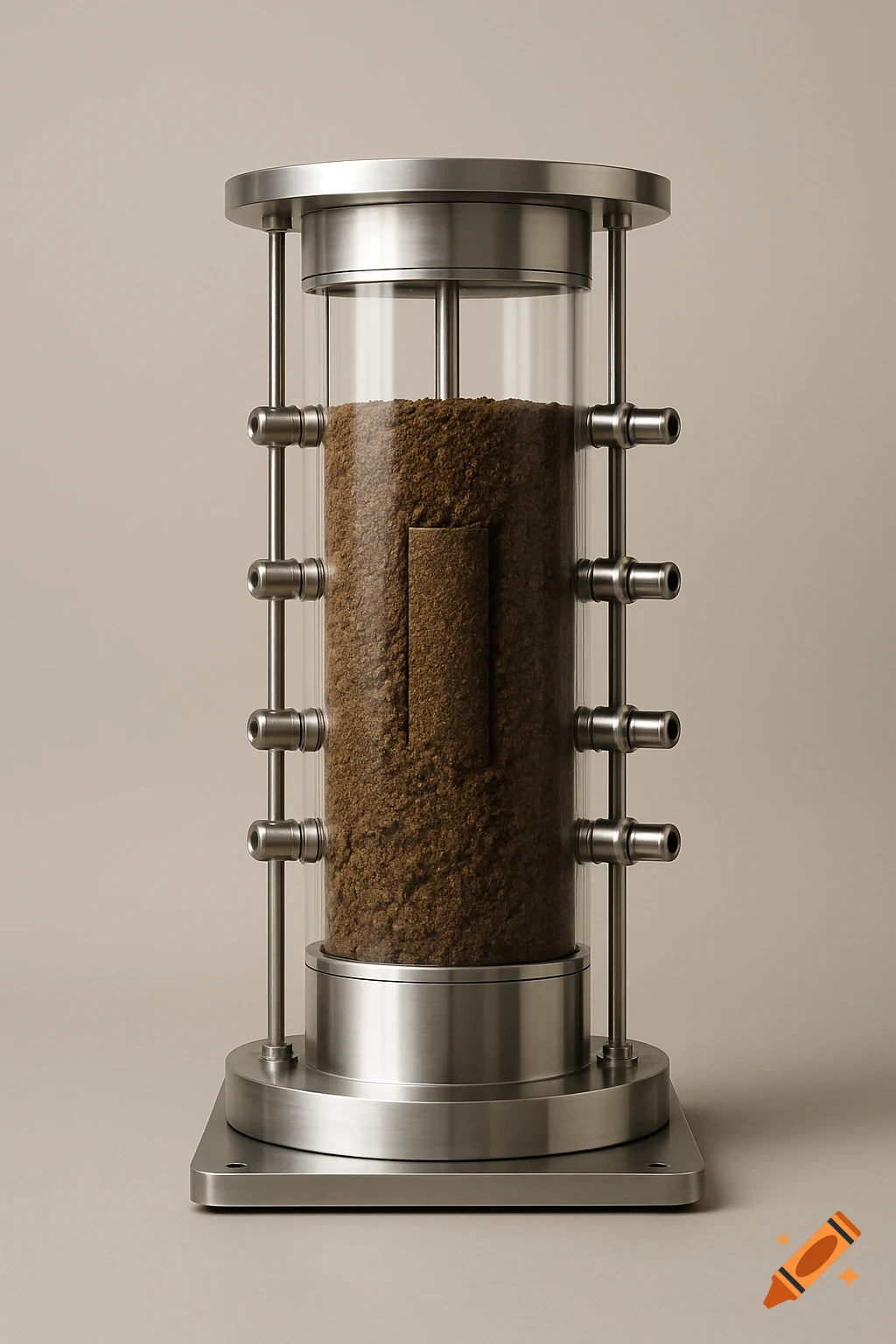 A photorealistic vertical cylindrical laboratory apparatus with a transparent column filled with brown granular material, set against a neutral background.