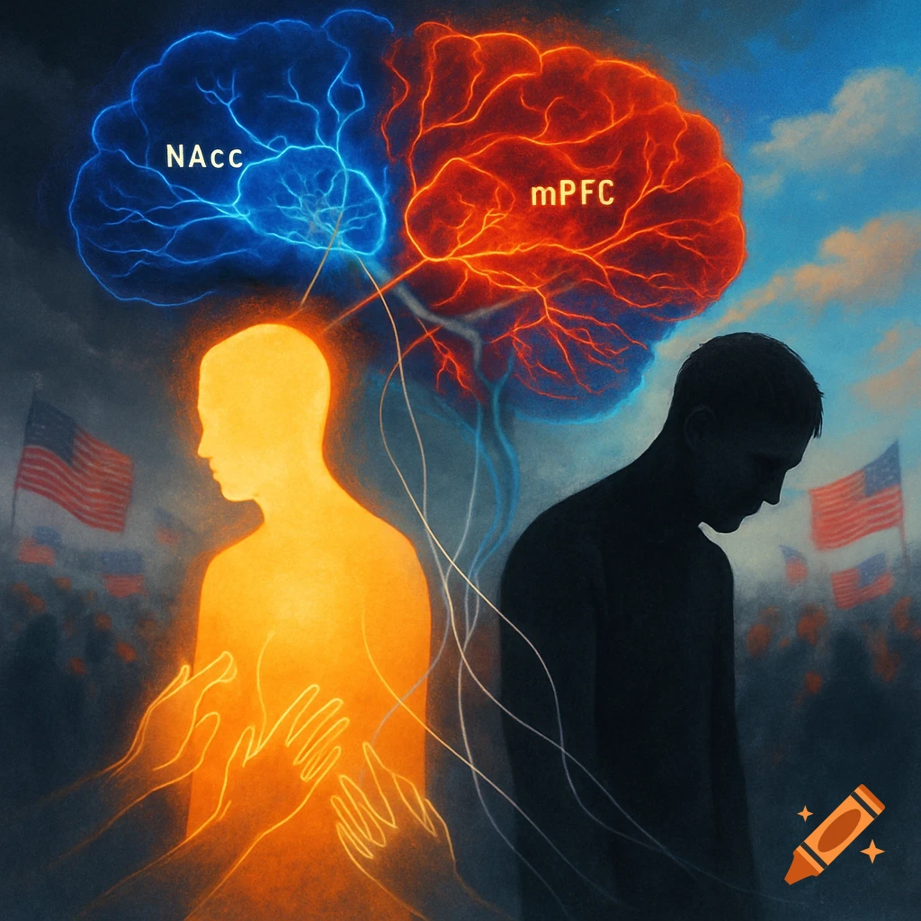 Abstract art of two figures, one glowing orange with reaching hands, one dark, linked to brain diagrams (NAcc, mPFC) by neural connections, with US flags.
