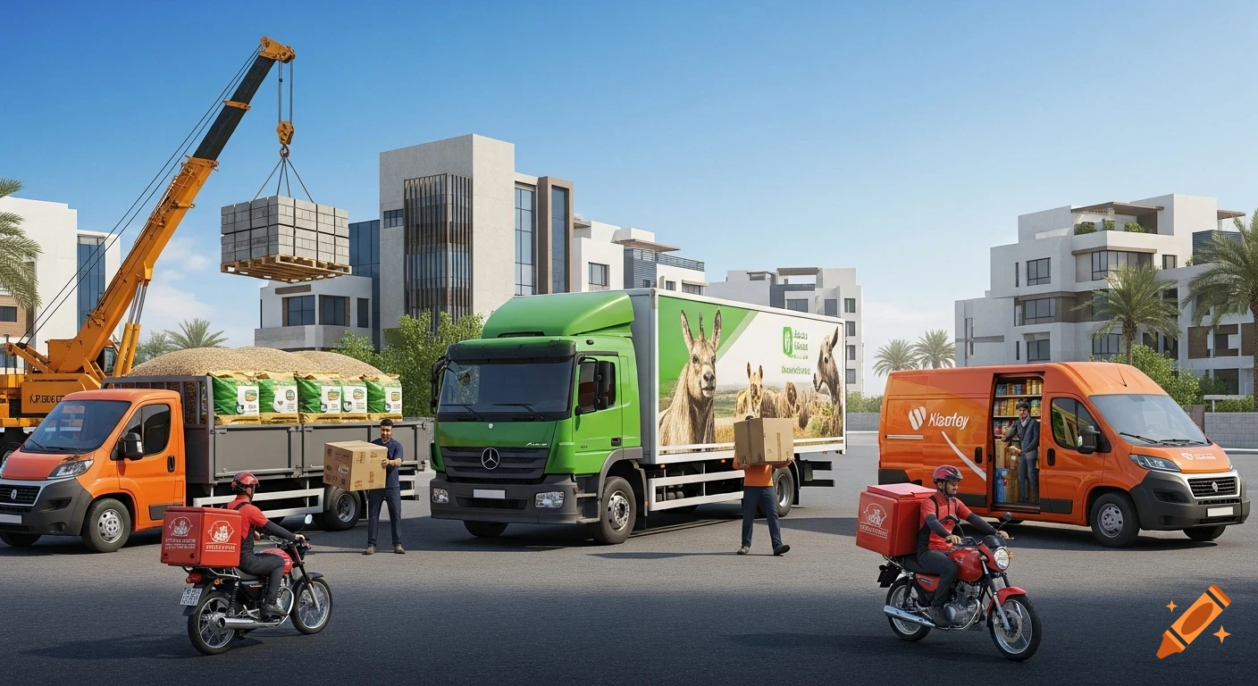 An ultra-realistic image of various delivery and construction vehicles including trucks, vans, and motorcycles, with Middle Eastern drivers and workers, set in a semi-urban environment under a clear blue sky.