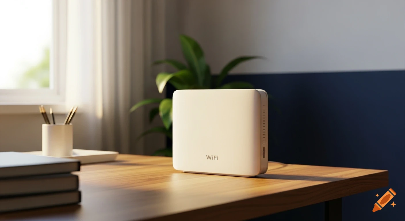 A modern white WiFi router sits on a warm wooden desk in a bright home office, with books and pens nearby.