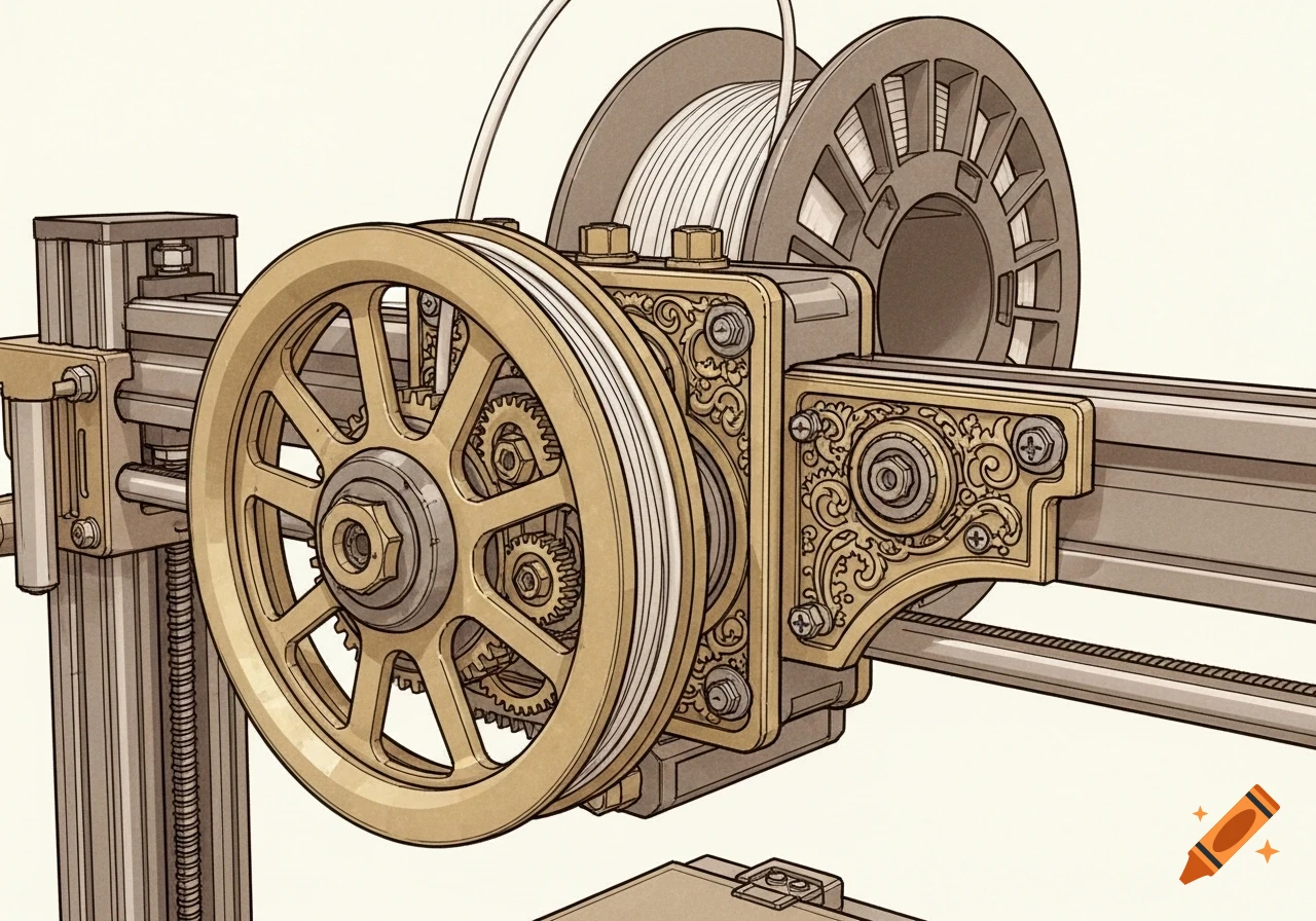 Detailed illustration of a steampunk-style 3D printer component with gears, a large pulley, and a filament spool.