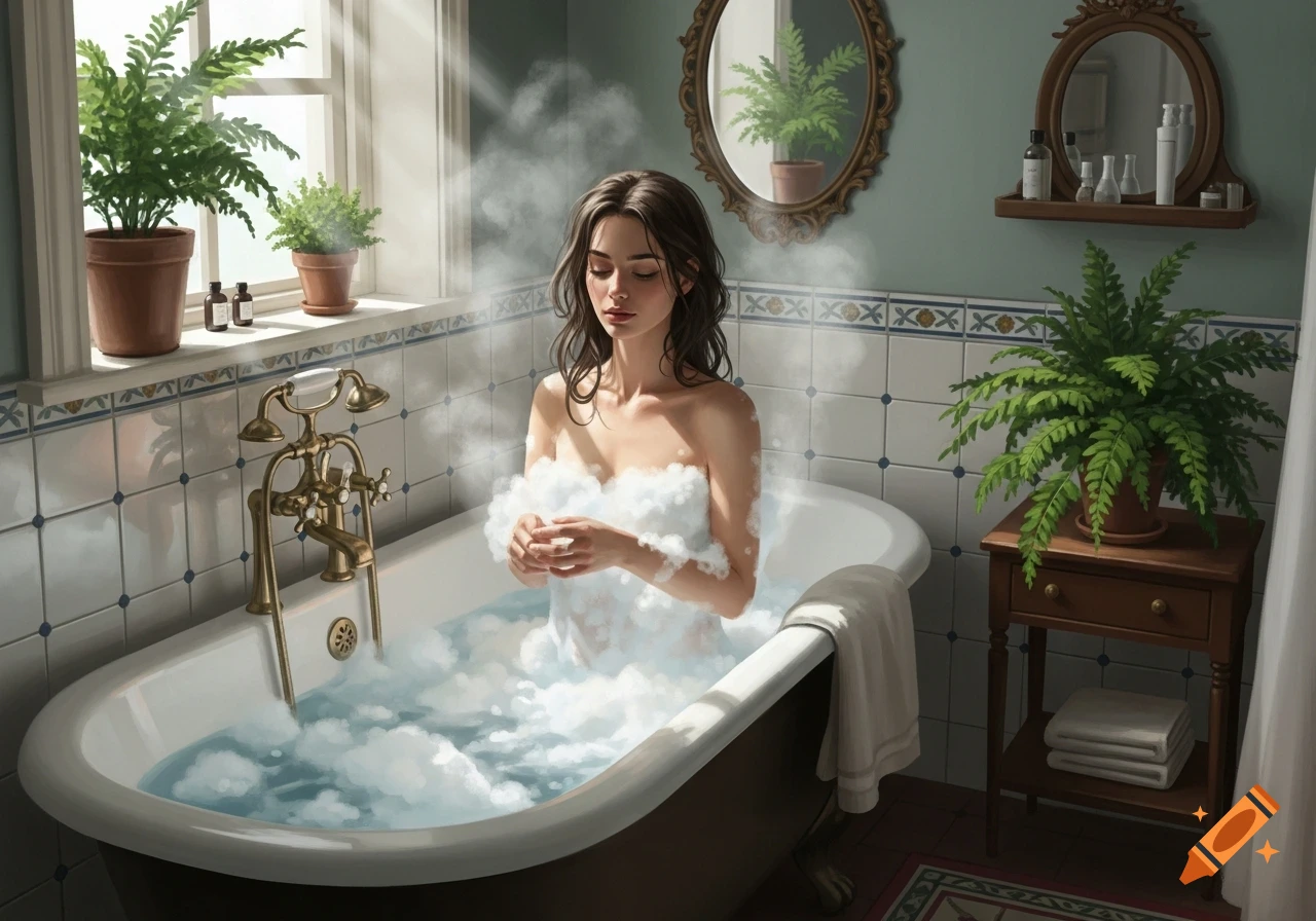 A woman with her eyes closed, neck and shoulders bare, in a sunlit bubble bath in a bathroom with plants.