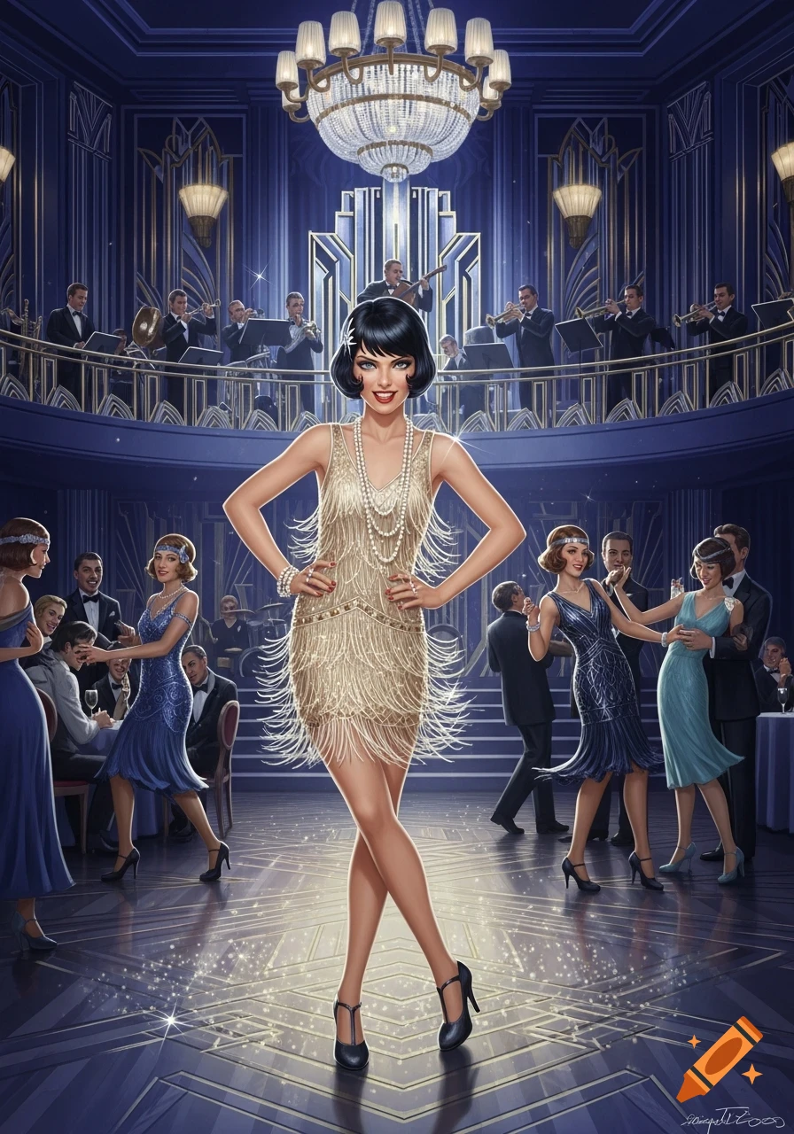 A glamorous flapper woman in a gold fringed dress poses in a grand Art Deco ballroom with a jazz band and dancing couples.
