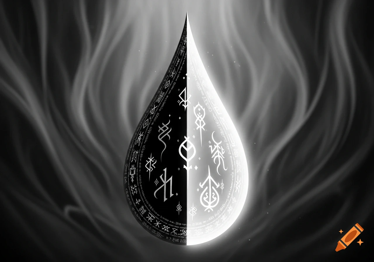 A stylized black and white tear shape covered in glowing symbols, with a swirling smoke background.