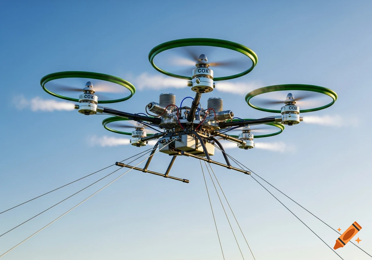 A detailed shot of a large quadcopter drone with multiple green-rimmed propellers against a bright blue sky, held by tethers.