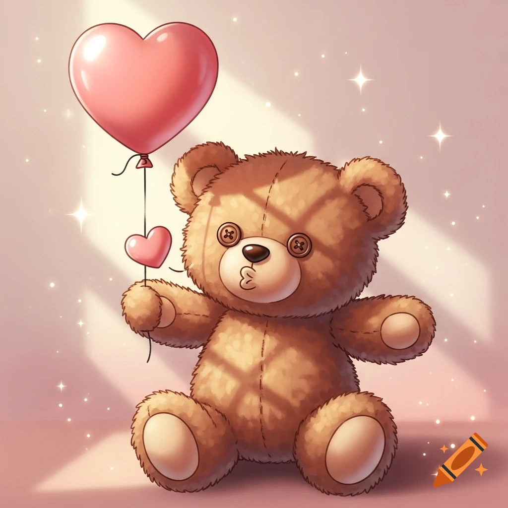 A cute cartoon teddy bear with button eyes holds two heart balloons and makes a kissing face.