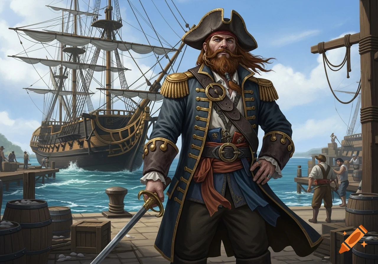 A bearded pirate captain in a blue coat and tricorn hat stands at a busy port with a large sailing frigate in the background.