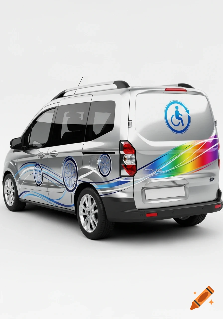 A silver van resembling a Ford Tourneo Courier, customized with blue wave graphics, circular wheelchair motifs, and a rainbow stripe on the side and rear.